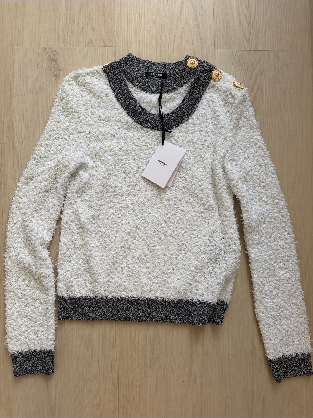 Balmain Cream Bouclé Sweater with Charcoal Trim and Gold Buttons